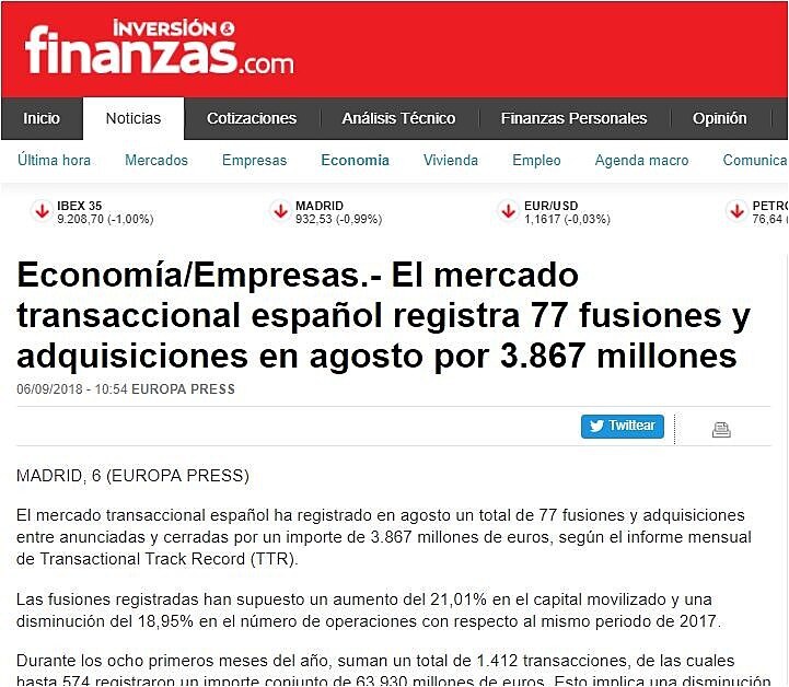 El mercado transaccional espaol registra 77 fusiones y adquisiciones en agosto por 3.867 millones